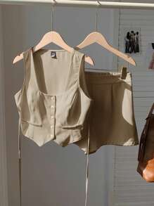 Comfortcana Women's Khaki Cardigan And Shorts 2 Pieces Suit Set - Khaki - View 6