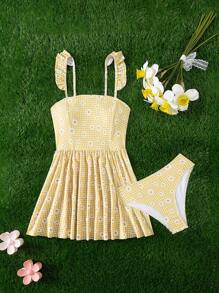 SHEIN Swim Women's Floral Print Shoulder Strap Ruffle Hem 2 Pieces Swimwear, Sweet & Cute, Boho Festival - Multicolor - View 1