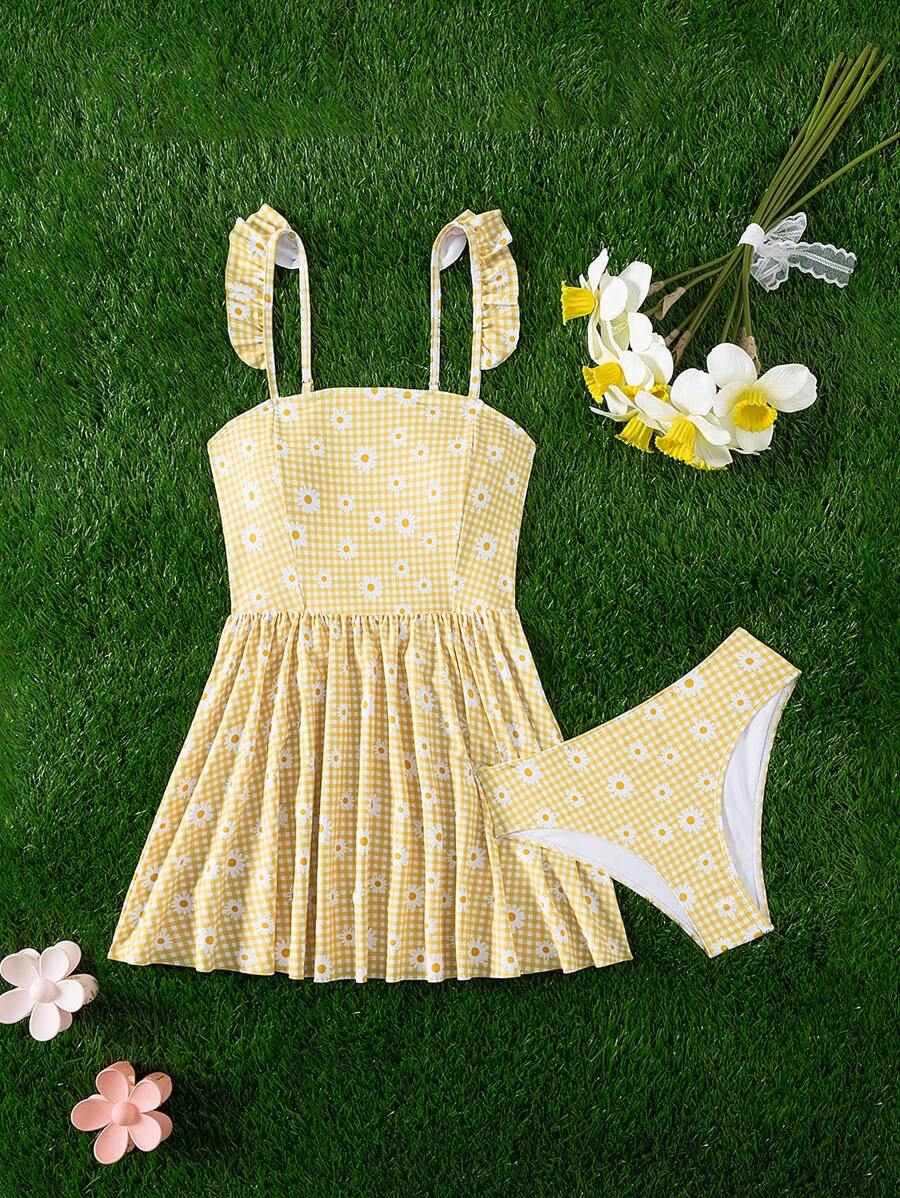 SHEIN Swim Women's Floral Print Shoulder Strap Ruffle Hem 2 Pieces Swimwear, Sweet & Cute, Boho Festival - Multicolor - View 1