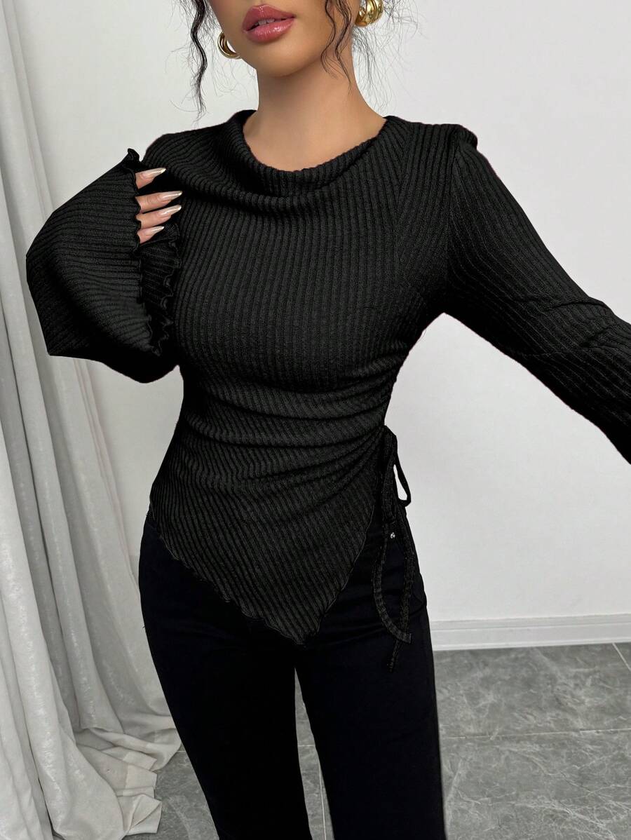 Rafferiza 女式破洞罗纹圆领喇叭袖不对称抽绳下摆 T 恤，秋冬款 - 黑色 - 查看 1