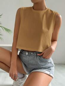 SHEIN Essnce Summer Casual Minimalist Solid Color Wide Strap Round Neck Cropped Tank Top - Brown - View 5