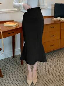 Wynsel Women's Elegant Solid Color Mermaid Hem Fitted Skirt,Ruffle - Black - View 3