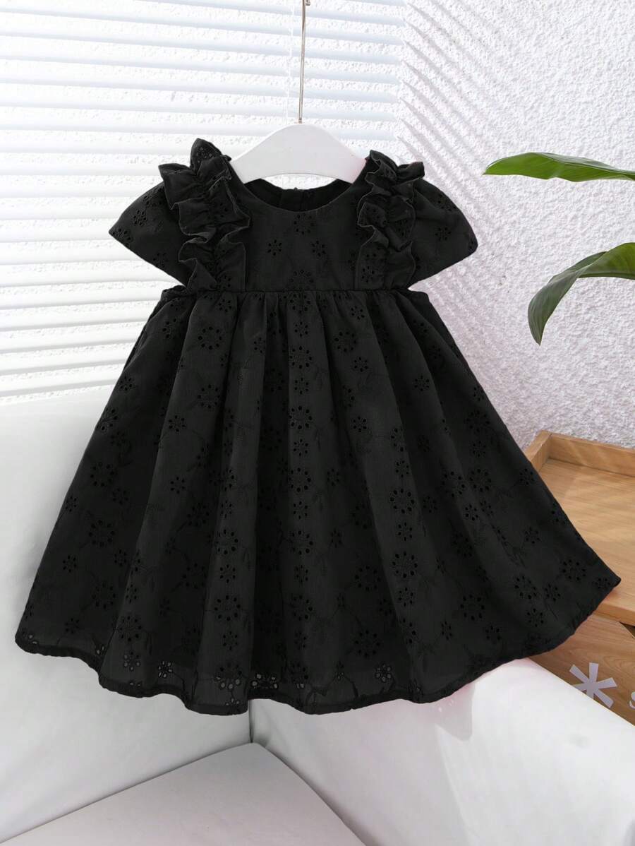 Babygirl Summer Cute Solid Color Embroidered Hollow Out Ruffle Hem Sleeveless Dress - Black - View 1