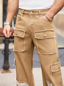 Manfinity Homme Men's Solid Color Straight Ripped Cargo Jeans, Suitable For Everyday Wear - Khaki - View 4