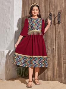 SHEIN Leap Crew Robe à manches courtes élégante et glamour de style rétro pour jeunes filles avec motif patchwork - Rouge foncé - Voir 5
