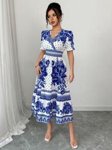 Elenzga Women's Vacation Blue & White Floral Puff Sleeve Cinched Waist Midi Dress, Spring/Summer - Blue and White - View 3