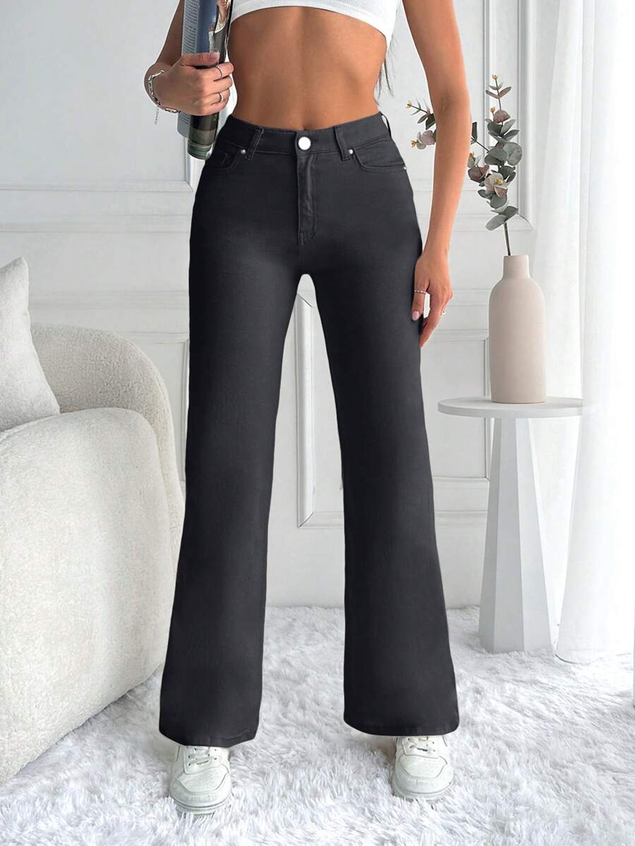 Cottnline Casual Solid Flare Leg Jeans - Black - View 1