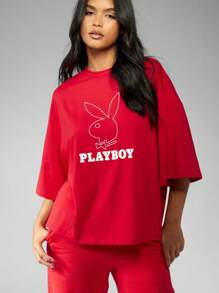 Missguided x Playboy Áo thun oversize họa tiết thương hiệu Giáng sinh - Đỏ - Xem 5