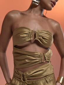 MUSERA Bandeau Extreme Multi Cut Out Ring Detail Satin Fitted Maxi Dress Sexy Ibiza Fits Spring Summer Vacation Beach Christmas New Year Thanksgiving   Winter