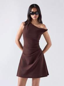 LYSMO Vestido mini de mujer con un hombro, cintura anudada y fruncido, nueva llegada del verano 2025 - Marrón - Ver 3