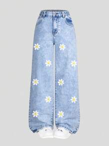 Tween Girls Y2K Vintage Washed Sunflower Graffiti Print Casual Versatile All-Match Regular Fit Relaxed Straight Leg Denim Jeans, Daily Wear - Light Wash - View 3