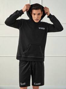 RueChic Men Contrast Stitch Letter Printed Regular Hoodie - Black - View 6