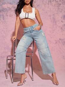 Denimoi Casual Ripped Wide Leg Faded Jeans With Seams - Light Wash - View 5