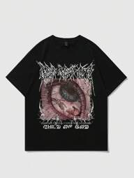 Grunge Punk Men's Gothic Eye Graphic Print Round Neck Short Sleeve Casual Versatile T-Shirt, Halloween