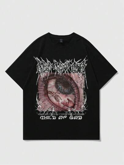 Goth T-shirt décontracté à manches courtes, col rond, imprimé graphique œil gothique pour hommes, polyvalent, Halloween