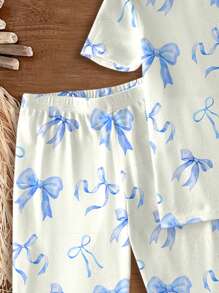 SHEIN Leap Crew Tween 女童休闲简约短袖短裤睡衣套装，罗纹面料，贴身剪裁，适合春夏季 - 白色 - 查看 3