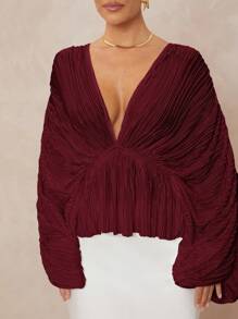 Lumalex Deep V-Neck Loose Blouse With Oversized Ruffle Sleeves And Flared Hem For Women - Burgundy - View 5