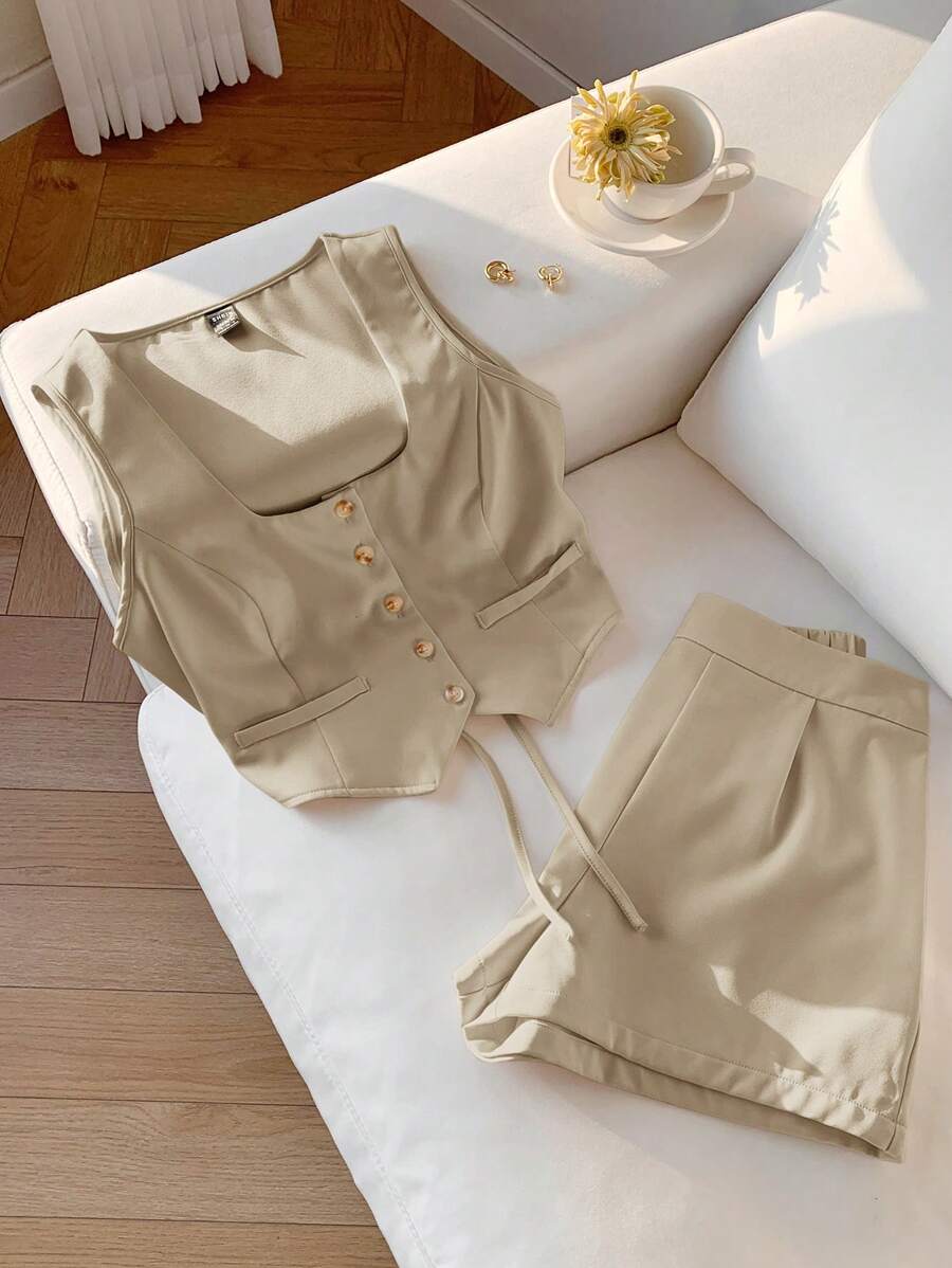 Comfortcana Women's Khaki Cardigan And Shorts 2 Pieces Suit Set - Khaki - View 1