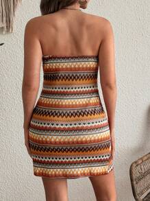 SHEIN Geometric Print Strapless Mini Bodycon Dress, Holiday Beach Dress