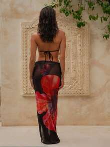 SHEIN Swim Summer Beach Outfits For Women, 3pcs/Set Including Floral Print Halter Neck Backless Top, Side Tie Bikini Bottom, And Side Slit Long Beach Skirt - Multicolor - View 2