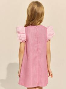 SHEIN Young Girls Elegant Pink Woven Ruffle Sleeve Round Neck Dress - Pink - View 2
