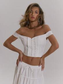 MUSERA 露肩棉质褶皱钩扣修身短款上衣，适合田园风情、节日、假日、西部风情、外出、夜店等场合，优雅春夏风格 - 白色 - 查看 1