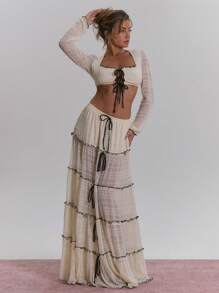 MUSERA 弹性层叠褶皱撞色系带长裙 夏季 田园度假 伊比沙岛 复活节 - 奶油色 - 查看 2