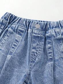 年轻男孩洗水浅蓝色牛仔裤，宽松直筒裤，做旧效果，时尚街头风格，休闲日常简约百搭，男孩牛仔裤 - 淺色水洗藍 - 查看 5