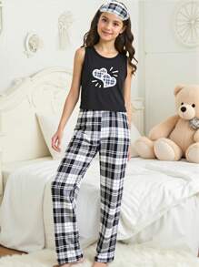 3 件套青少年女孩休闲黑白格子心形印花吊带背心、裤子和眼罩舒适睡衣套装 - 黑與白 - 查看 1