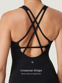 GLOWMODE 4.3" FeatherFit™-Air Sweat-Wicking Quick-Dry Tummy Control Corset Round-Neck Crossover Back Bodysuit Jumpsuit Romper With Side Pockets Low Impact Yoga Pilates Studio Daily Casual Wear Removable Cups