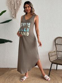 SHEIN New Summer Knitted Printed Round Neck Sleeveless Simple Casual Dress - Coffee - View 4