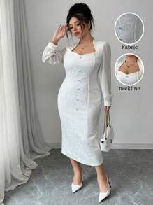 SHEIN PETITE Vestido elegante regular tejido para mujer de talla grande - Albaricoque - Ver 1