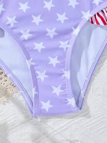 Tween Girls' Fashionable Striped & Star Patchwork One-Piece Swimsuit - Multicolor - View 6