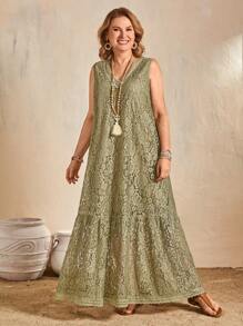 EMERY ROSE Women's Elegant V-Neck Sleeveless Lace Dress - Green - View 3