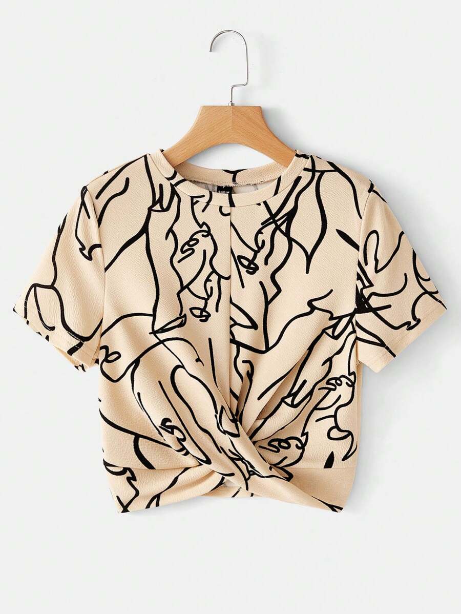 SHEIN LUNE Casual Abstract Print Twist Short Sleeve T-Shirt - Khaki - View 1