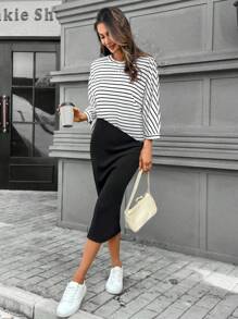 SHEIN LUNE 2pcs/Set Women Casual Striped Clothing: Long Sleeve Top & Skirt, Suitable For Daily Wear, Autumn/Winter - White - View 5