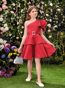 SHEIN Tween Girls' Elegant Ruffled Asymmetrical Shoulder Detachable Waist Belt Dress - Red - View 6