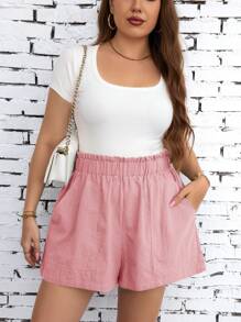 SHEIN Clasi 2pcs Plus Size Summer Shorts, Breathable & Comfortable With Large Pockets, Black & Army Green - Pink - View 4