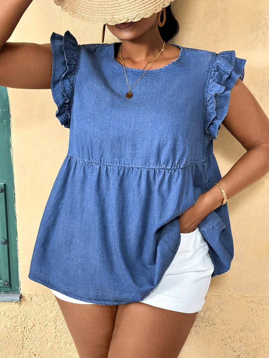 SHEIN Lady Plus Size Blue Denim Casual Loose Blouse Summer,Vacation Woman,Easter,Spring,Western,Office For Women,Rave,Baby Shower,Cottagecore,Country Women,Old Money Style Women,Going Out,Festival,Rodeo,Airport For Women