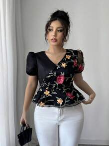 SHEIN PETITE 大码女式编织小V领撞色网眼优雅夏季衬衫 - 黑色 - 查看 6