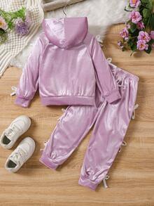 Set de 2 piezas de chaqueta y atuendo informal, cálido y lindo con decoración de moño, estilo universitario para niñas, apto para primavera y otoño - Púrpura malva - Ver 2