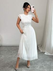 Elenzga Women's Summer Lace Splice Pleated Long Dress (Floral Pattern Asymmetric Cut) - White - View 5