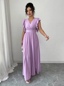 Elenzga 女士优雅浪漫荷叶边修腰泡泡袖 A 字裙 - 淡紫色 - 查看 5