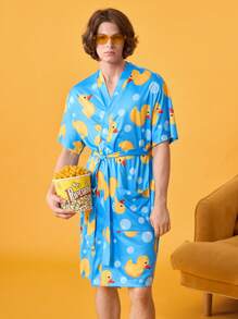 Happy Jammies Bata ligera con estampado de pato amarillo lindo, de manga corta, adecuada para primavera y verano