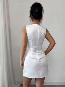 Elenzga Vestido corto mini de línea A con hombros asimétricos, cuello trenzado, mangas cortas y lazo con acentos de color contrastante, elegante para salir, citas, fiestas, banquetes, festivales de música, Ramadán