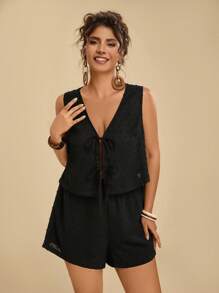 Travachic 2 件套大码女式休闲纯黑色系带背心和沙滩短裤套装 - 黑色 - 查看 4