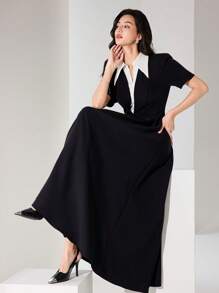 Heiryn Robe longue casual à manches courtes et couleur unie avec patchwork pour femmes - Noir et Blanc - Voir 1