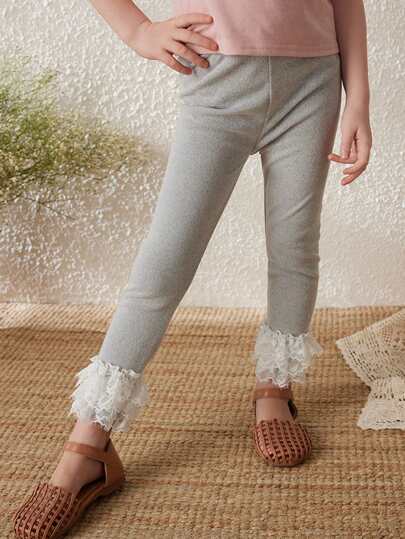 Blossori 年轻女孩优雅灰色蕾丝边针织紧身裤，春/夏