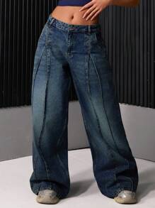 EURMUSE WOMEN MID WAIST WIDE LEG JEANS - Dark Wash - View 3