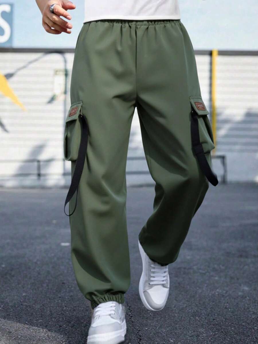 Boys Casual Patch Applique Drawstring Waist Cargo Pants, Spring/Summer/Autumn - Green - View 1